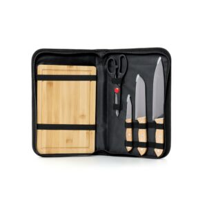 Kit Churrasco 5 Peças Inox e Madeira Bambu com Estojo S05220