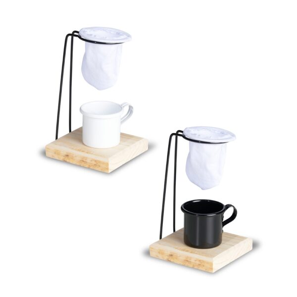 Kit de Café 3 Peças Xícara 120ml Metal Coador Base Madeira e Suporte S82641