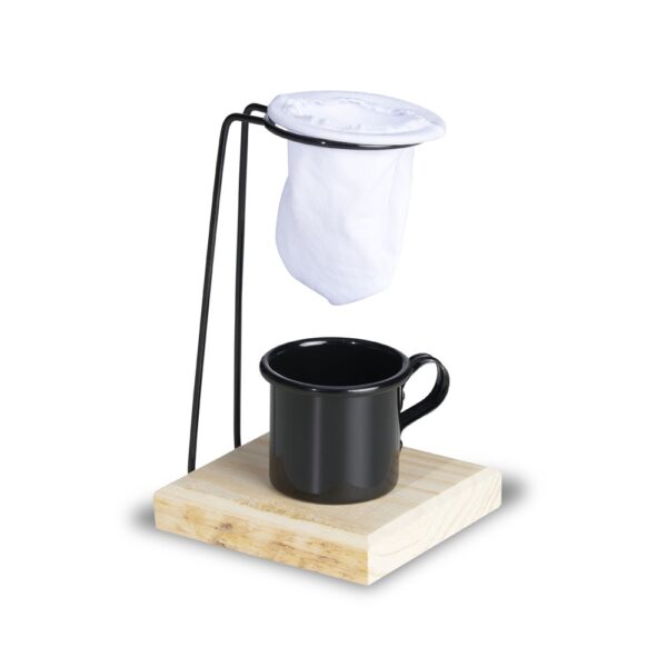 Kit de Café 3 Peças Xícara 120ml Metal Coador Base Madeira e Suporte S82641 - Image 3