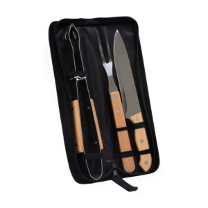 Kit Churrasco 3 Peças Aço Inox com Cabo Madeira Bambu e Estojo Nylon S19881