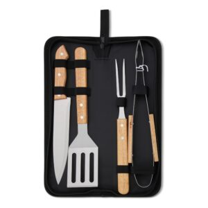 Kit Churrasco 4 Peças Aço Inox com Cabo Madeira Bambu e Estojo Nylon Sb26421