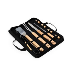 Kit Churrasco 9 Peças Aço Inox com Cabo Madeira Bambu e Estojo Nylon S39881