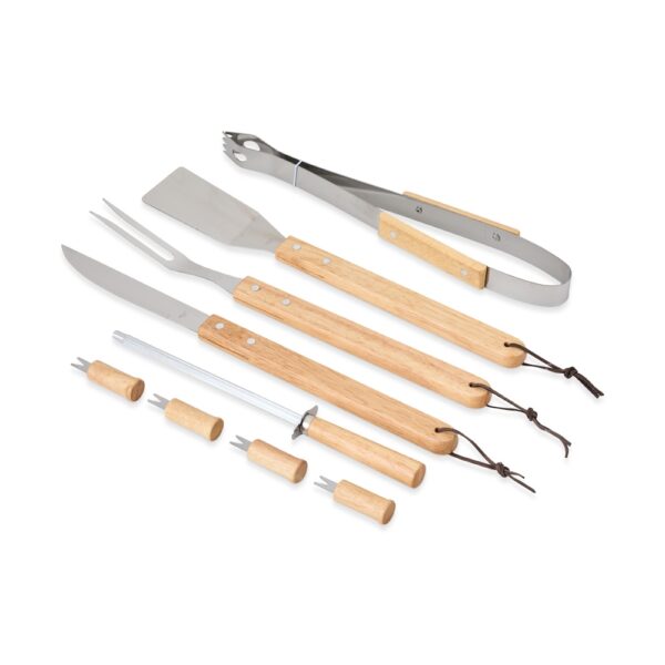 Kit Churrasco 9 Peças Aço Inox com Cabo Madeira Bambu e Estojo Nylon S39881 - Image 2