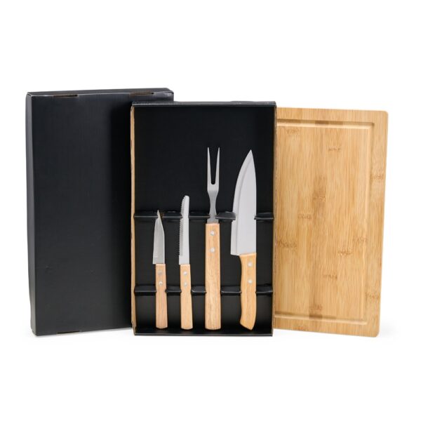 Kit Churrasco 5 Peças Aço Inox Cabo Madeira Bambu Estojo Cartão Sb79641