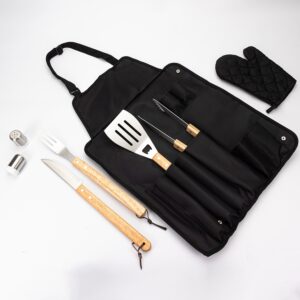 Kit Churrasco 8 Peças Inox e Madeira de Bambu Luva, Avental e Estojo de Nylon Sb48150