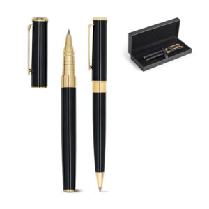Conjunto Executivo Luxo Caneta Roller e Esferográfica Elementos com banho de ouro 18K e Estojo Presente Sg64118