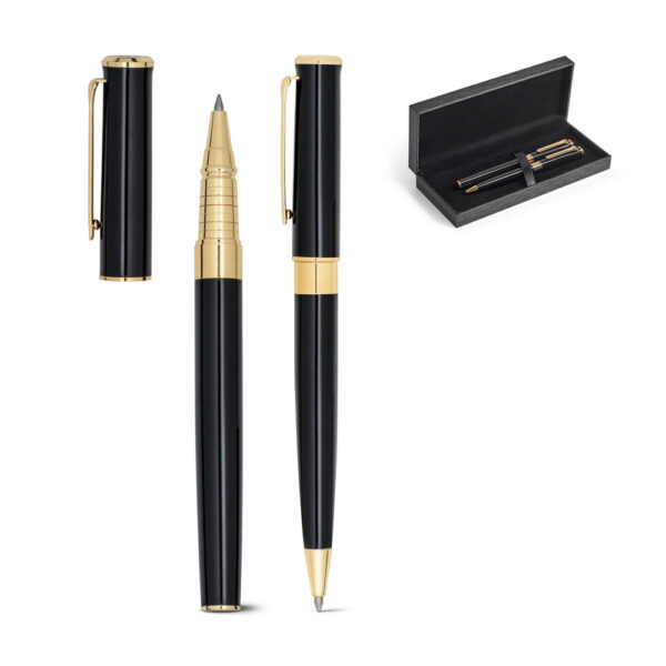 Conjunto Executivo Luxo Caneta Roller e Esferográfica Elementos com banho de ouro 18K e Estojo Presente Sg64118
