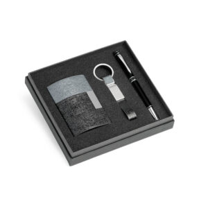 Conjunto Executivo Caneta Chaveiro e Porta Cartões Aluminio e Couro Sintético com Estojo Presente Sg51339
