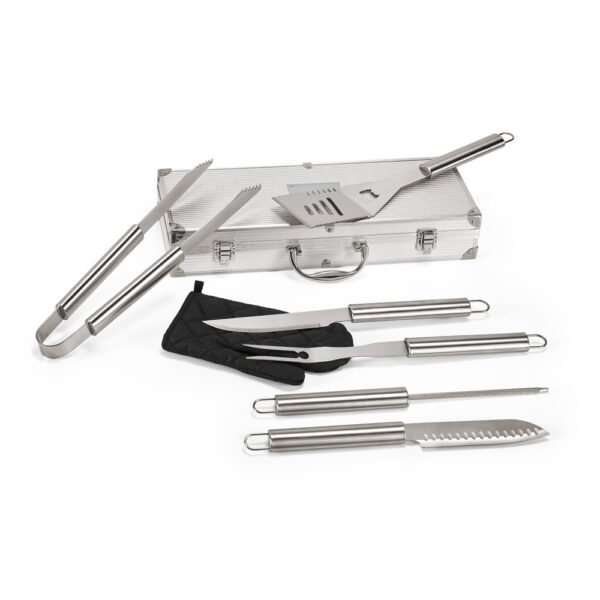 Kit Churrasco 6 Peças Inox (faca chefe, faca japonesa, pinça, garfo, espátula, afiador) Estojo Aluminio Sg54839 - Image 2
