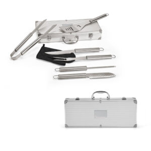 Kit Churrasco 6 Peças Inox (faca chefe, faca japonesa, pinça, garfo, espátula, afiador) Estojo Aluminio Sg54839