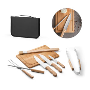 Kit Churrasco 7 Peças Inox e Madeira (faca japonesa, faca chefe, garfo, pinça, faca pequena, afiador e pincel) Tabua e Estojo Madeira Sg40149