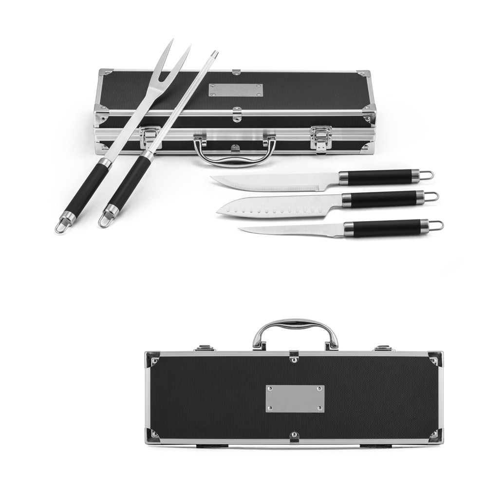 Kit Churrasco 5 Peças Inox e Aluminio Faca chefe, faca japonesa, faca boning, garfo, afiador e Estojo Sg90149