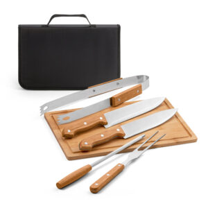 Kit Churrasco 5 Peças Inox e Madeira com Tabua e Estojo Nylon Sg24149