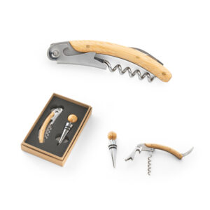 Kit Saca-rolhas e Salva-gotas Metal e Bambu Estojo Kraft Sg82349