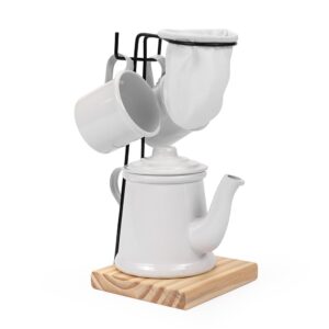 Kit de Café 4 Peças, Bule 300ml 2 Xícaras 90ml Aluminio Coador Suporte Metal e Base Madeira S74251