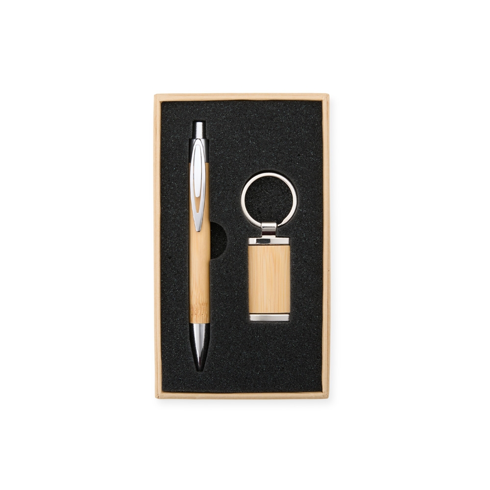 Kit Executivo Caneta e Chaveiro em Metal e Bambu com Estojo p-Presente S53881 - Imagem 2