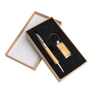 Kit Executivo Caneta e Chaveiro em Metal e Bambu com Estojo p-Presente S53881