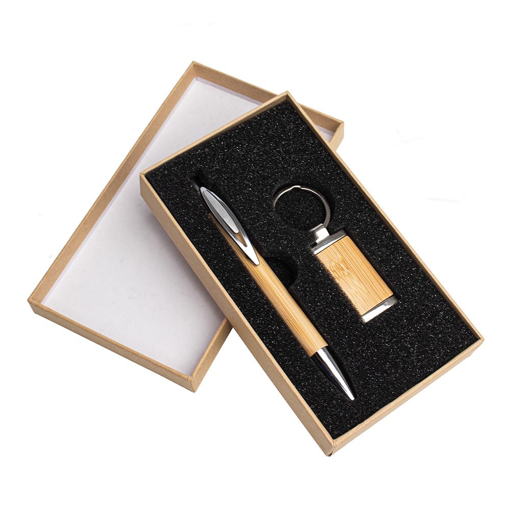 Kit Executivo Caneta e Chaveiro em Metal e Bambu com Estojo p-Presente S53881