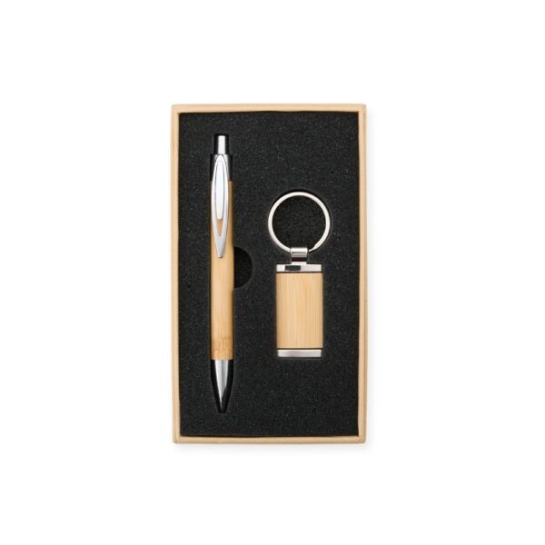 Conjunto Executivo Caneta e Chaveiro Metal e Bambu Eco com Estojo Presente S53881