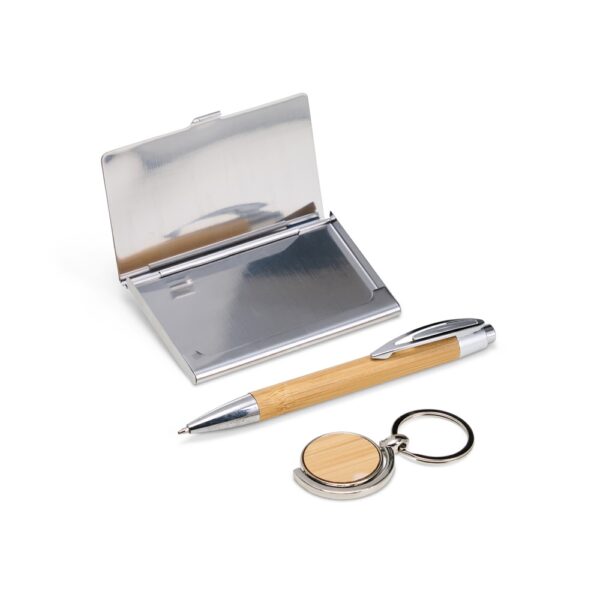Conjunto Executivo Caneta Chaveiro e Porta Cartão Metal e Bambu Eco com Estojo Presente S63881 - Image 3