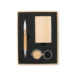 Conjunto Executivo Caneta Chaveiro e Porta Cartão Metal e Bambu Eco com Estojo Presente S63881
