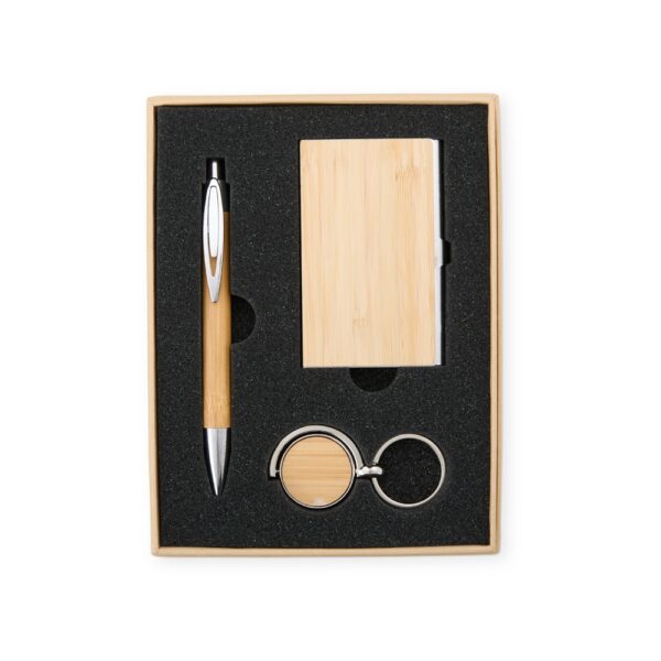 Conjunto Executivo Caneta Chaveiro e Porta Cartão Metal e Bambu Eco com Estojo Presente S63881