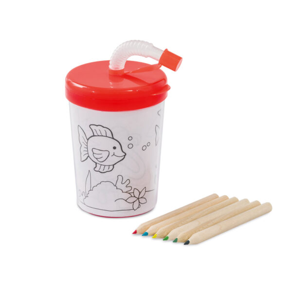 Copo Infantil com Canudo 200ml para Colorir com 3 desenhos e 6 mini lápis de cor Sg53645 - Image 5