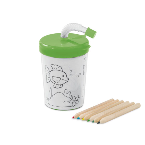 Copo Infantil com Canudo 200ml para Colorir com 3 desenhos e 6 mini lápis de cor Sg53645 - Image 4