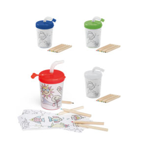 Copo Infantil com Canudo 200ml para Colorir com 3 desenhos e 6 mini lápis de cor Sg53645