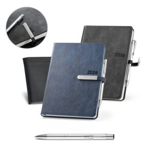 Agenda Anual Diária B5 2026 com Caneta PU Fecho Metálico S22166