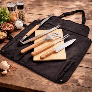 Kit Churrasco Executivo Premium 6peças Inox e Madeira com Tabua e Avental-Estojo S78090