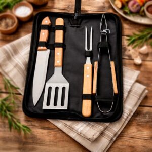 Kit Churrasco 4 peças Inox e Madeira com Estojo Nylon com Alça Sb26421