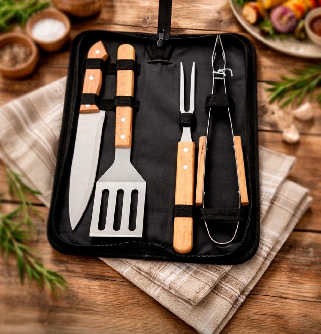 Kit Churrasco 4 peças Inox e Madeira com Estojo Nylon com Alça Sb26421