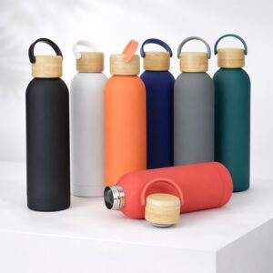 Garrafa Squeeze 500ml Térmica Parede Dupla Inox Tampa Bambu e Alça S40191