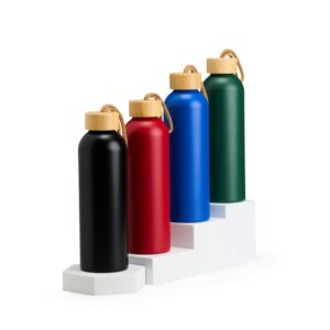 Garrafa Squeeze 800ml Térmica Parede Dupla Aluminio Tampa Bambu e Alça S04981