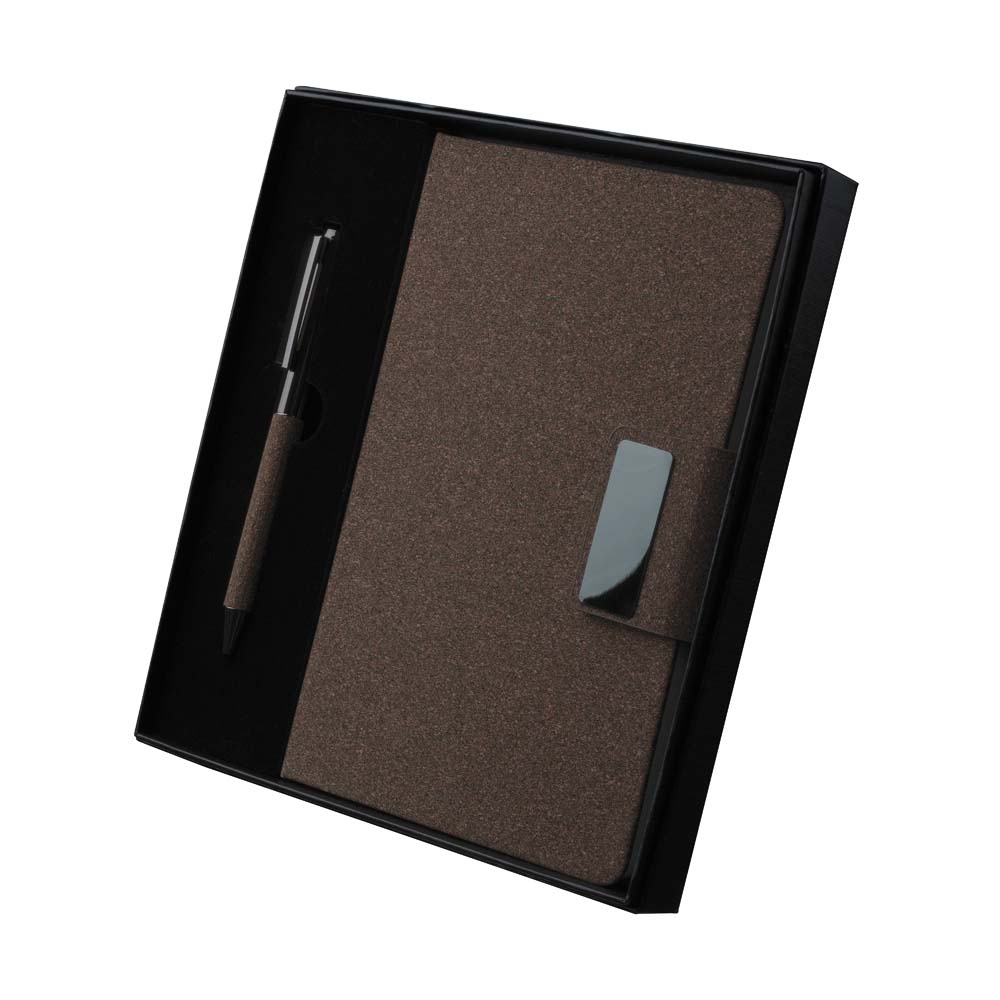 Conjunto Executivo Caderno A5 Couro Sintetico e Fibra de Café Fecho Magnético e Caneta Metal e Estojo p-Presente S86351 - Imagem 2