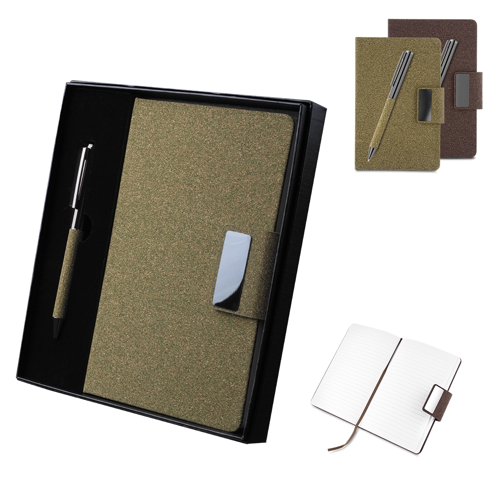 Conjunto Executivo Caderno A5 Couro Sintetico e Fibra de Café Fecho Magnético e Caneta Metal e Estojo p-Presente S86351
