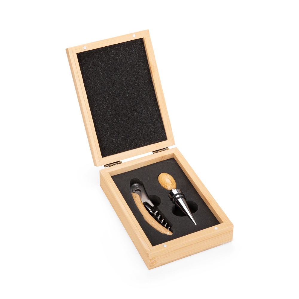 Kit para Vinho 2 Peças Saca Rolhas e Tampa de Bico Inox e Madeira de Bambu e Estojo Presente S32191 - Imagem 2