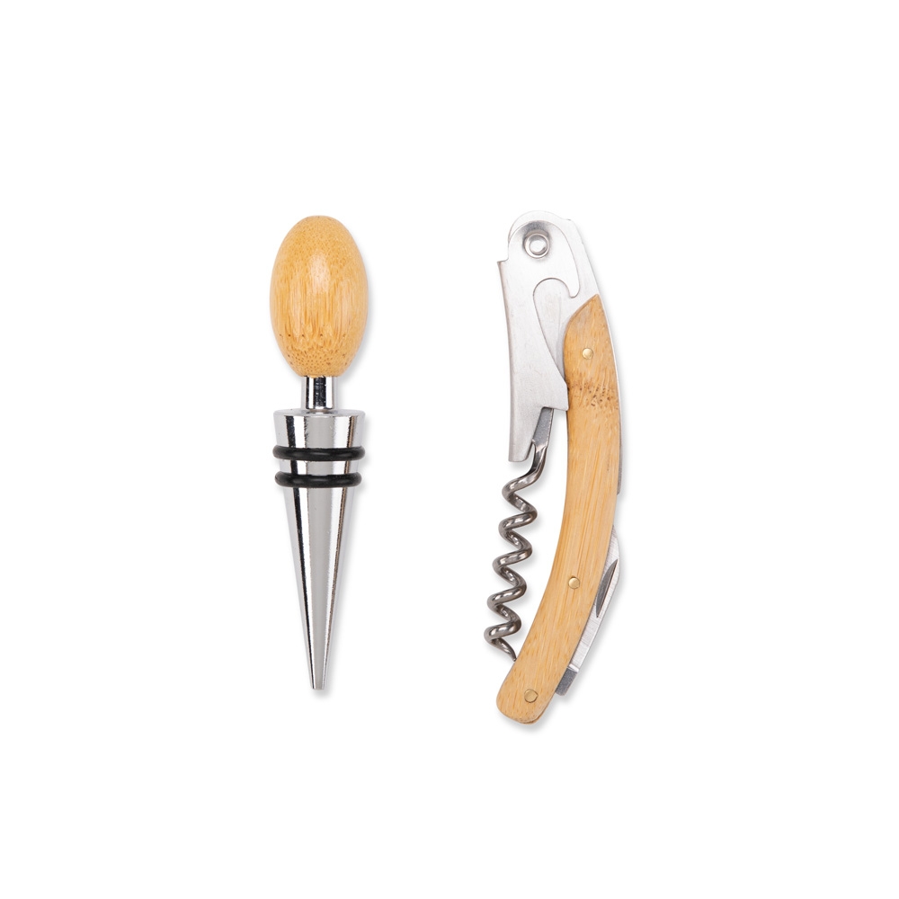 Kit para Vinho 2 Peças Saca Rolhas e Tampa de Bico Inox e Madeira de Bambu e Estojo Presente S32191 - Imagem 3