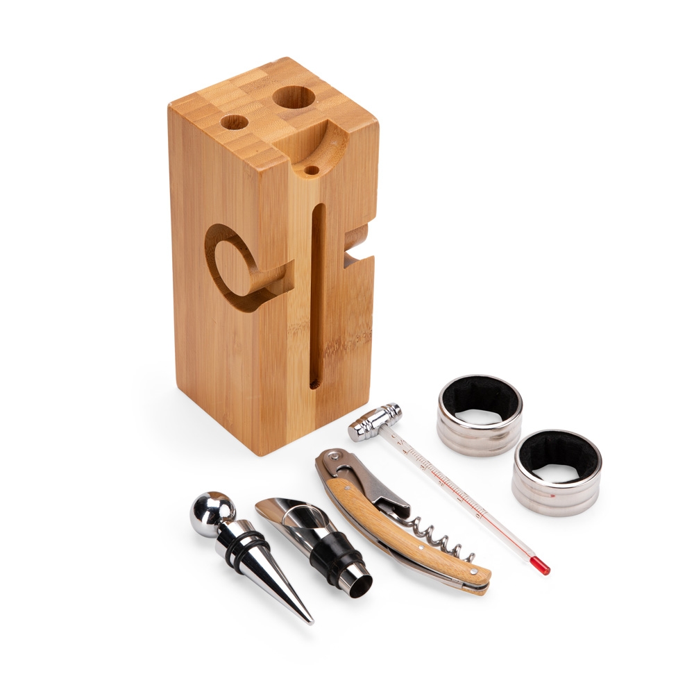 Kit para Vinho 6 Peças Inox e Bambu com Suporte Acoplado S71191 - Imagem 3