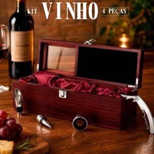 Kit Executivo para Vinho 4 Peças Inox com Estojo Presente em MDF S42191