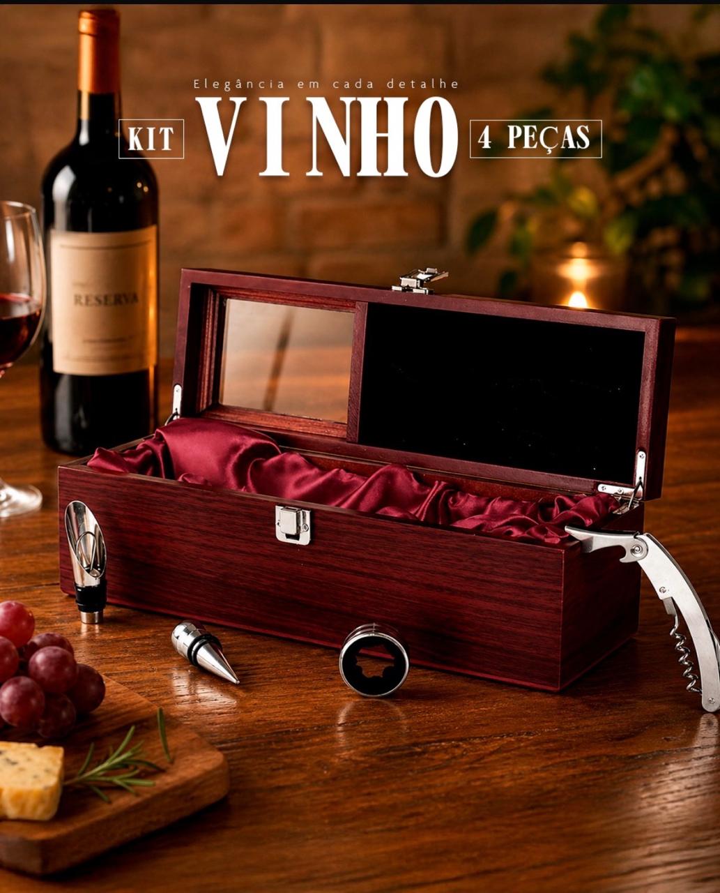 Kit Executivo para Vinho 4 Peças Inox com Estojo Presente em MDF S42191