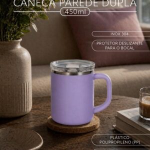 Caneca Parede Dupla 450ml Tampa Bucks Inox e Polipropileno S89190