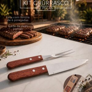 Kit Churrasco 2p Garfo e Faca Inox e Madeira com Estojo Papel Cartão S57191