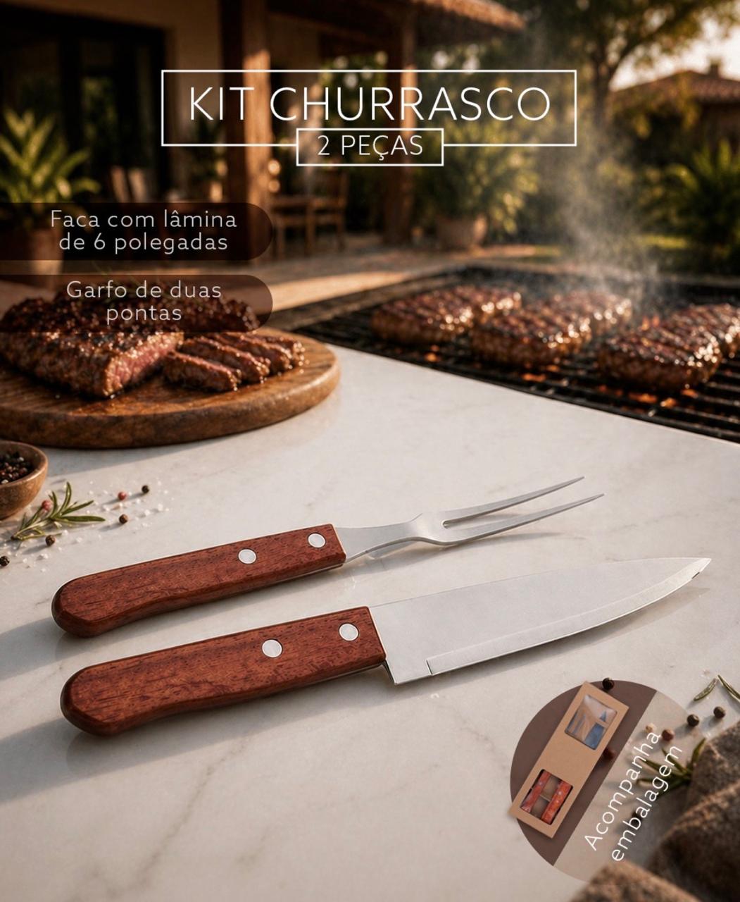 Kit Churrasco 2p Garfo e Faca Inox e Madeira com Estojo Papel Cartão S57191