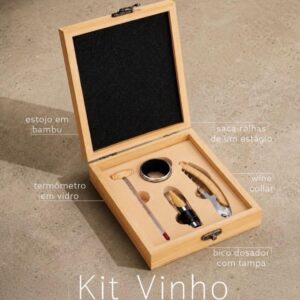 Kit para Vinho 4 Peças com Saca Rolha Inox e Madeira de Bambu Estojo S62191