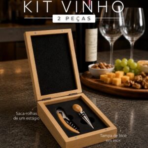 Kit para Vinho 2 Peças Saca Rolhas e Tampa de Bico Inox e Madeira de Bambu e Estojo Presente S32191