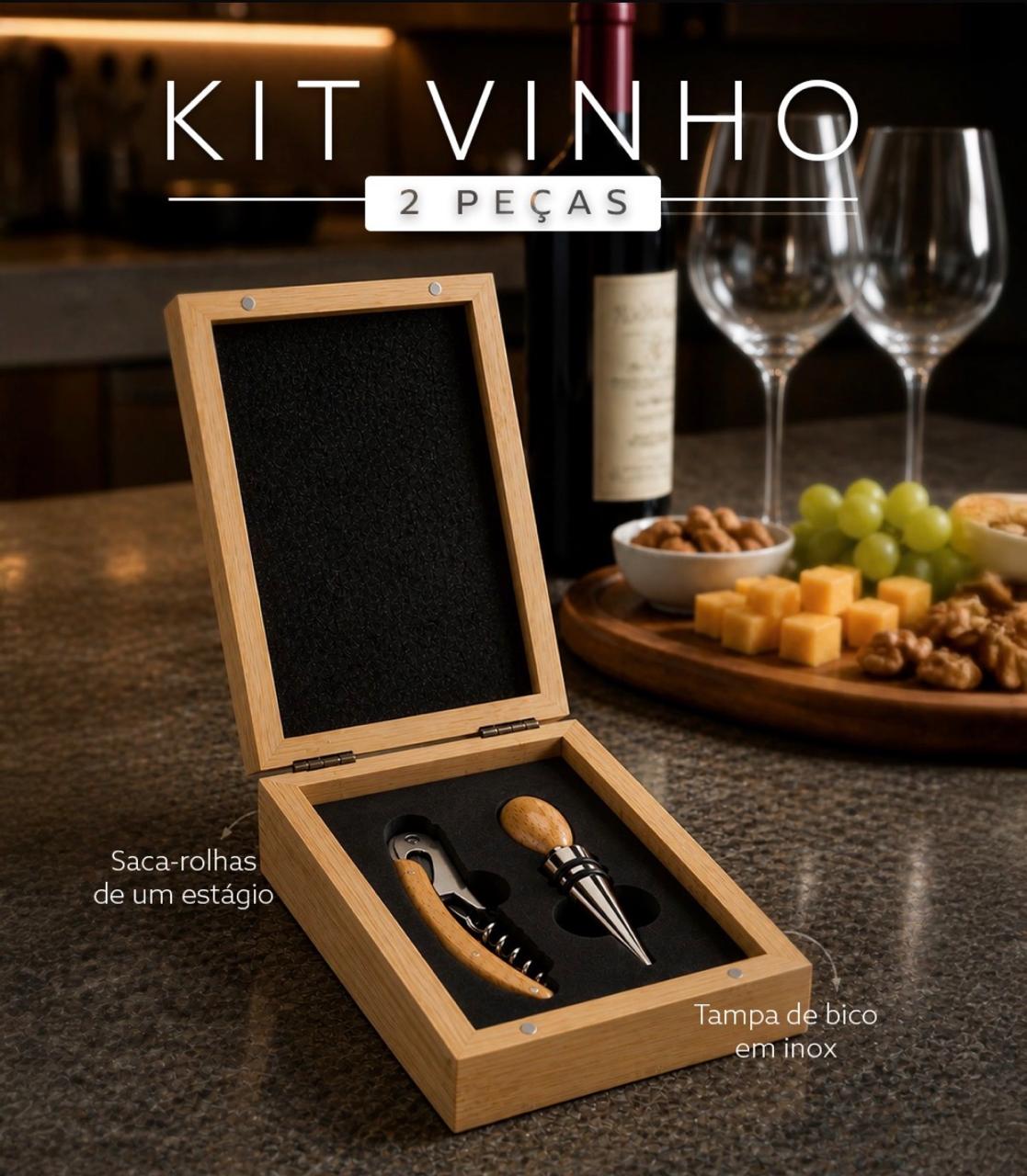Kit para Vinho 2 Peças Saca Rolhas e Tampa de Bico Inox e Madeira de Bambu e Estojo Presente S32191