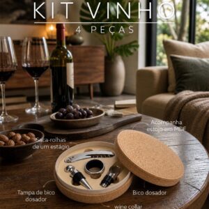 Kit para Vinho Redondo 4 Peças Inox com Estojo em Cortiça S33191