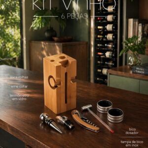Kit para Vinho 6 Peças Inox e Bambu com Suporte Acoplado S71191